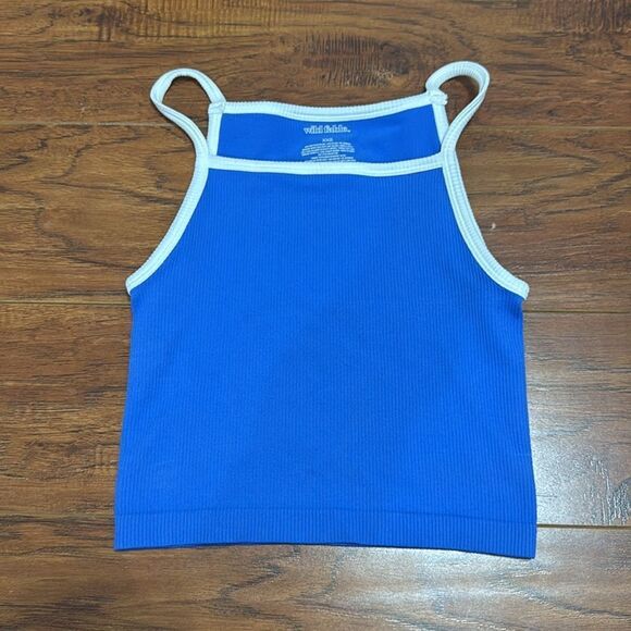 NWOT Wild Fable XXS Blue White Crop Top Ribbed Sleeveless Retro Tank Top - Picture 2 of 6